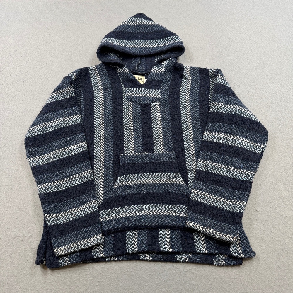vintage Baja Joe Rug Hoodie Men's Large Navy Blue Striped Woven Pullover Mexican